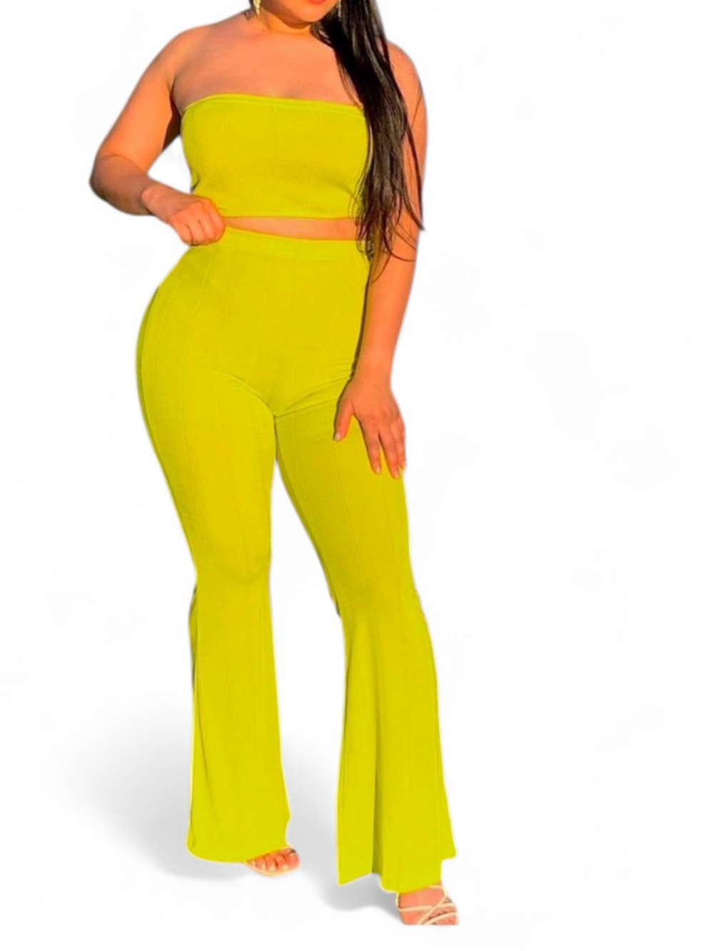 Lulu's Neon Lime Strapless Flared Jumpsuit